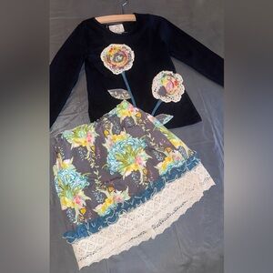 Ada Black Top and Floral Skirt Set with Lace